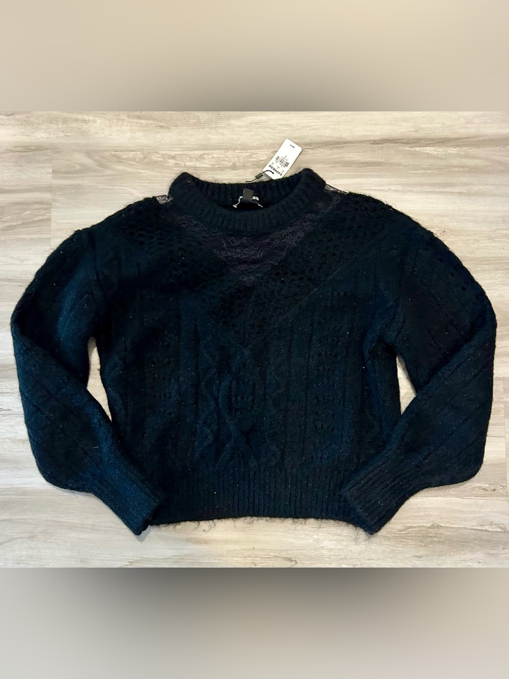 Black Women's Cable Knit Sweater with lace